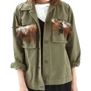 TOPSHOP Jacket Coat Plume Feathers Cotton Military Army Green Field Utility